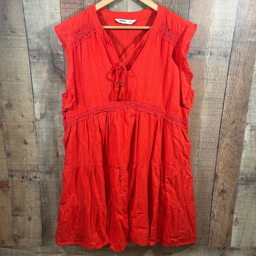 Sonoma Boho Orange Red Tiered Dress XL Tassel Tie Cotton Ruffle Sleeve Lace